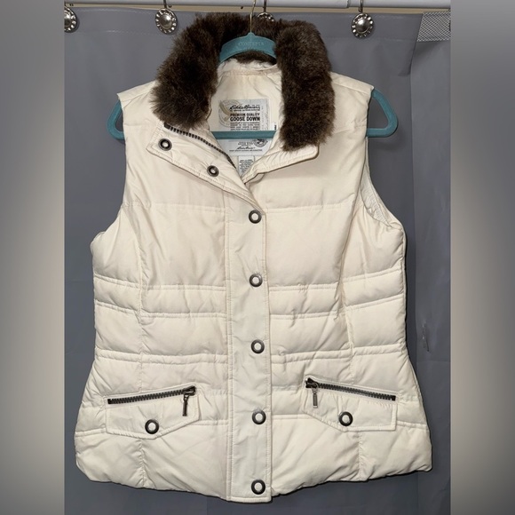 Eddie Bauer Ivory Quilted Puffer Goose Down Vest M Faux Fur Collar with Pockets - Picture 1 of 9